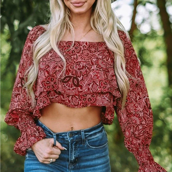 Square Neck Floral Bandana Crop Blouse Bohemian Top - Picture 7 of 15